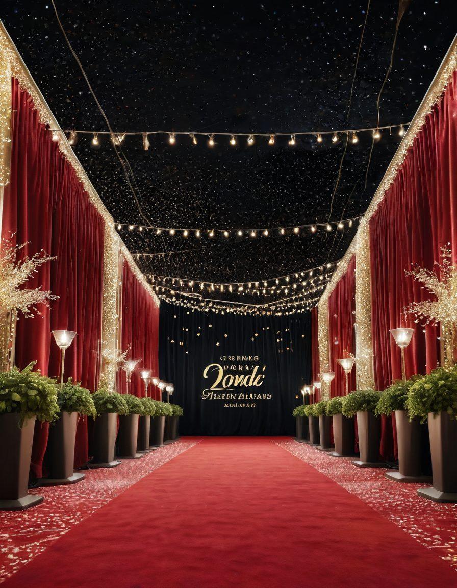 A glamorous red carpet scene under a starlit sky, featuring elegantly dressed celebrities posing for cameras, sparkling awards in the foreground, champagne glasses clinking, and a backdrop of twinkling fairy lights. The atmosphere is lively and celebratory, capturing the essence of prestigious award ceremonies. super-realistic. vibrant colors. night sky.