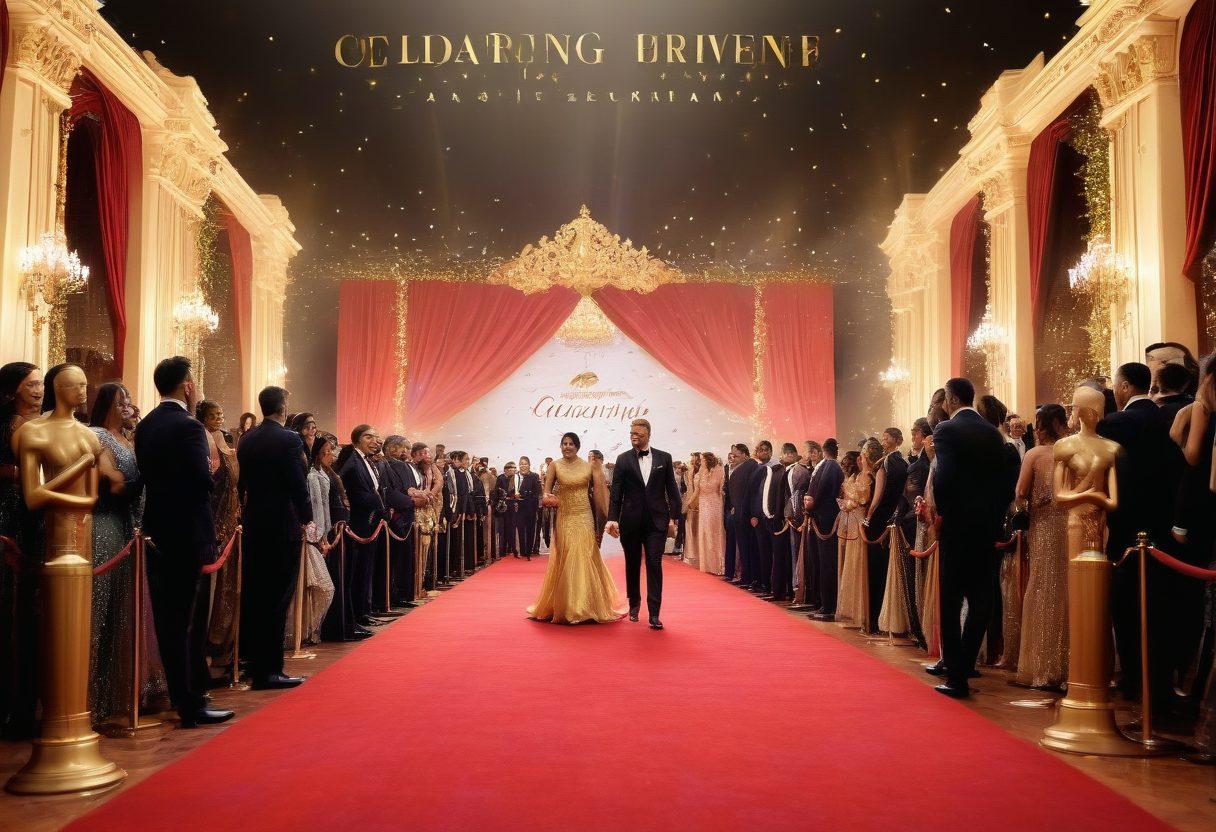 An elegant red carpet event with stars walking towards a grand stage, adorned with golden trophies and shimmering lights. Include diverse celebrities in stylish outfits, capturing moments of joy and celebration. The background should have a beautifully designed banner reading 'Celebrating Excellence'. super-realistic. vibrant colors. glamorous atmosphere.