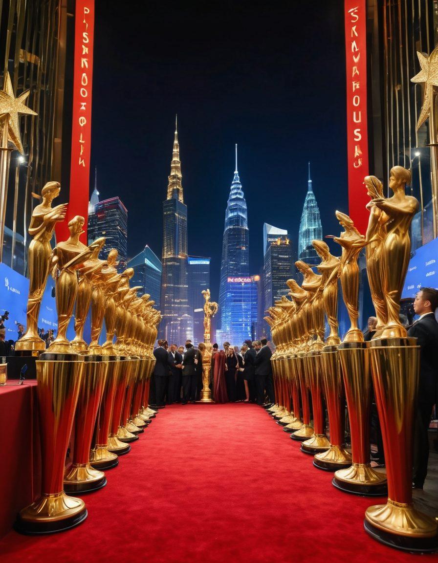 A glamorous scene from a star-studded award ceremony, featuring a red carpet filled with elegantly dressed celebrities holding golden trophies and sparkling awards. The background features a vibrant city skyline illuminated by twinkling lights, with fans holding signs and cameras flashing. Include dramatic lighting to enhance the sense of celebration and fame. surrealistic. vibrant colors. luxurious atmosphere.